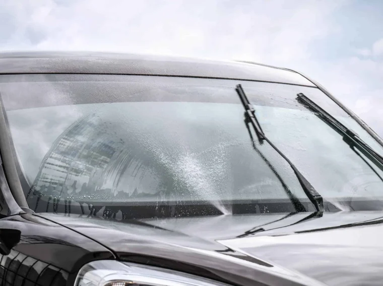Close-up of a windshield with one windshield wiper blade raised and the other wiping away water or cleaning fluid beneath a cloudy sky.