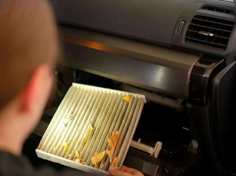 A person holds a dirty cabin air filter with leaves and debris while inspecting it inside a car, highlighting the need for regular Filter Services.
