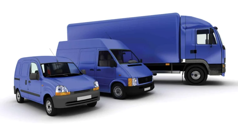 Three blue delivery vehicles—a small van, a medium cargo van, and a large box truck—are parked side by side on a white background.