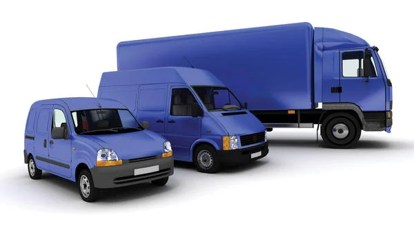 Three blue commercial vehicles—a small van, a medium-sized van, and a large box truck—are parked side by side on a white background.