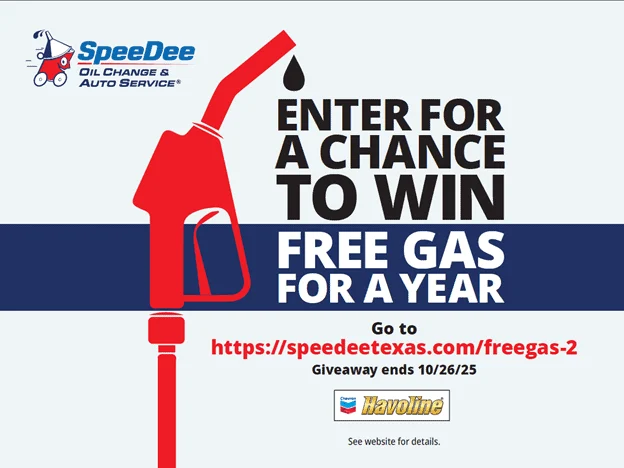 A promotional flyer for SpeeDee Oil Change & Auto Service offering a chance to win free gas for a year, with entry details and a giveaway end date of 10/26/25.