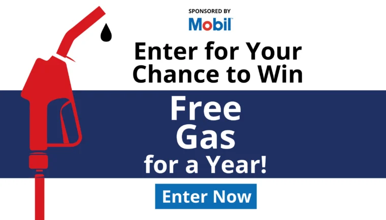 A promotional banner sponsored by Mobil advertises a chance to win free gas for a year, with a red gas pump graphic and an "Enter Now" button.