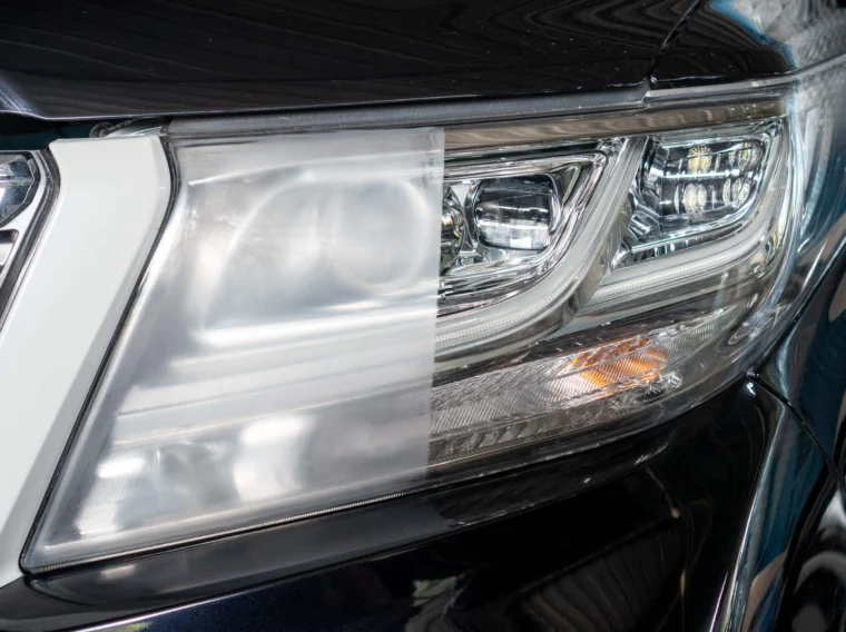 Big headlight cleaning with power buffer machine at service station.