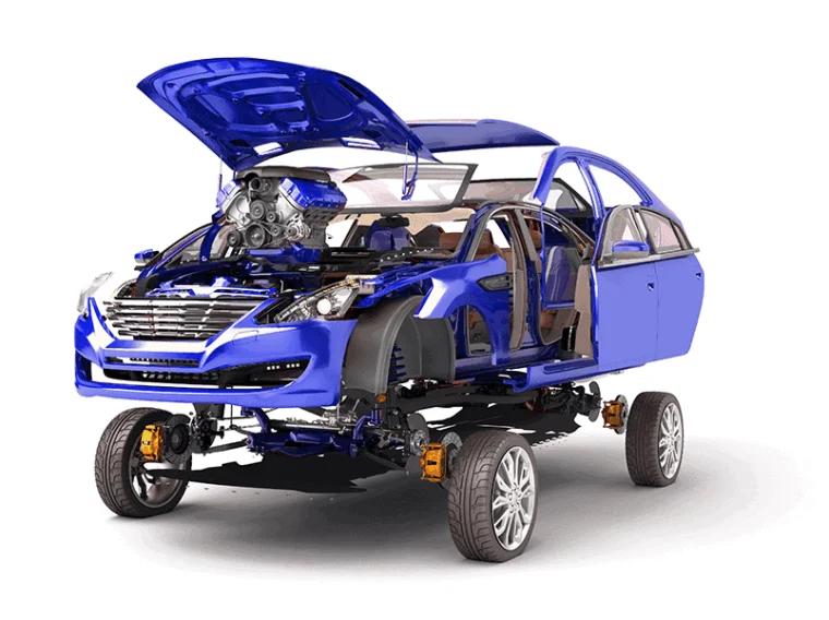A blue car with doors, hood, and some panels removed reveals the engine, interior, and mechanical parts on a white background—perfect for showcasing an Oil Change Discount.