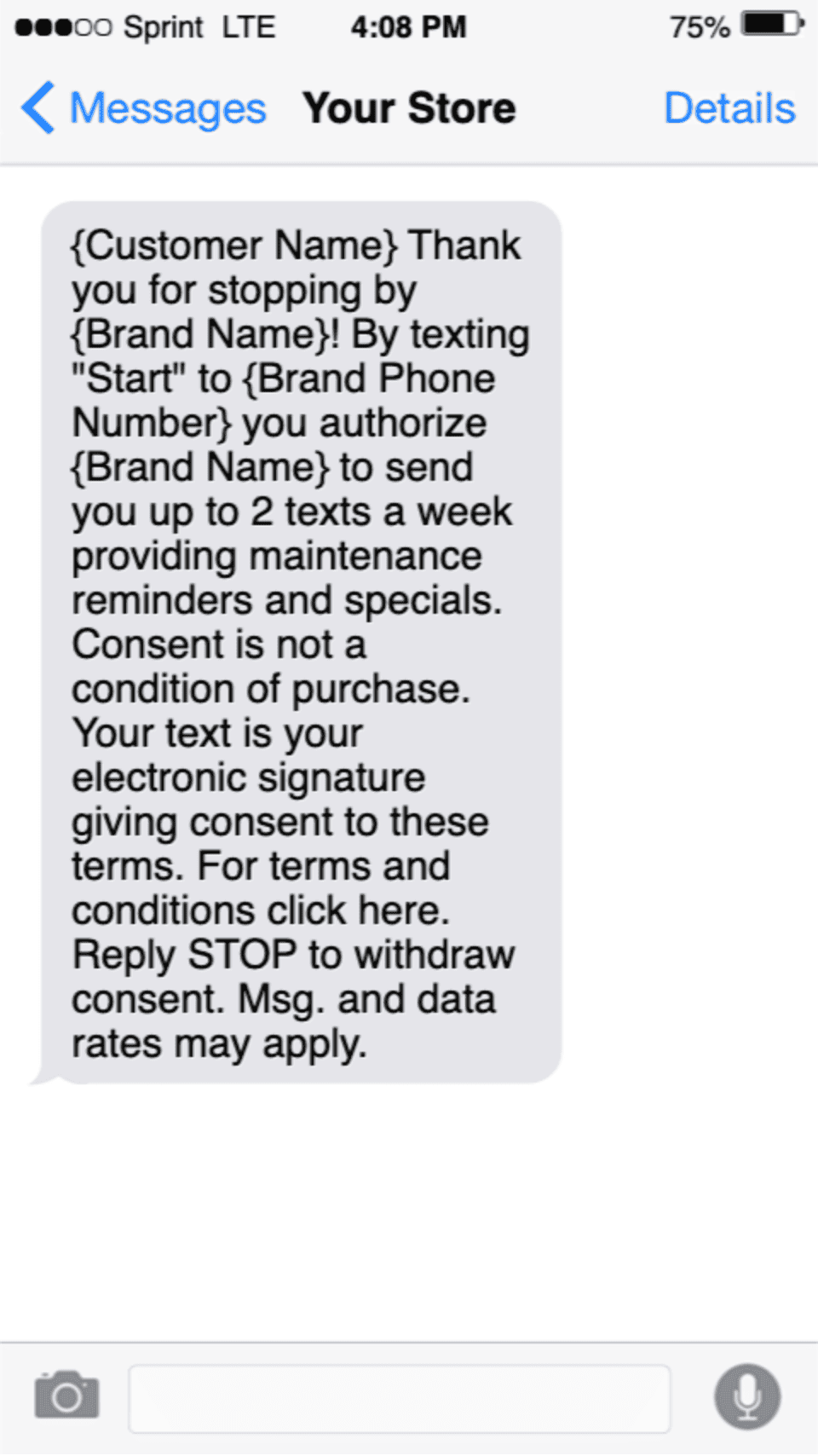 A phone screen displays a text message from a store outlining SMS consent, message frequency, SMS Terms and Conditions, and details for receiving maintenance reminders and specials.