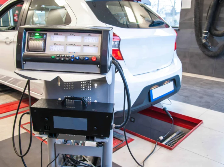 A white car is positioned on a dynamometer in an automotive workshop, with an emissions testing machine connected to its exhaust.