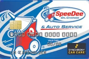 A SpeeDee Oil Change & Auto Service credit card displaying a chip, card number, and Synchrony Car Care logo on a blue background.