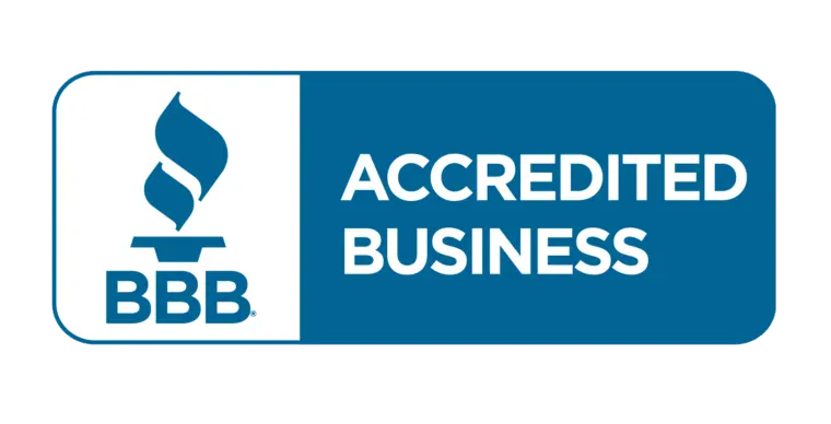 Blue and white badge displaying the BBB torch logo and text reading "ACCREDITED BUSINESS.
