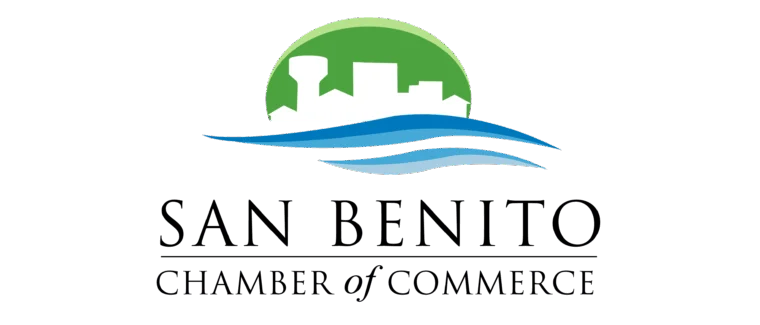 San Benito Chamber of Commerce logo with a green cityscape, blue waves, and bold black text on a light background.